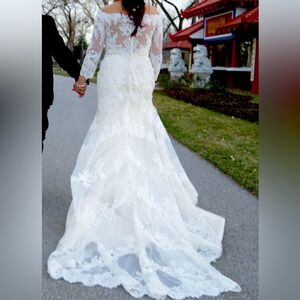 Mori Lee Off-Shoulder Ivory Lace Bridal Gown with Long Sleeves